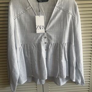 Zara Women's White Blue Striped Button-Up Top